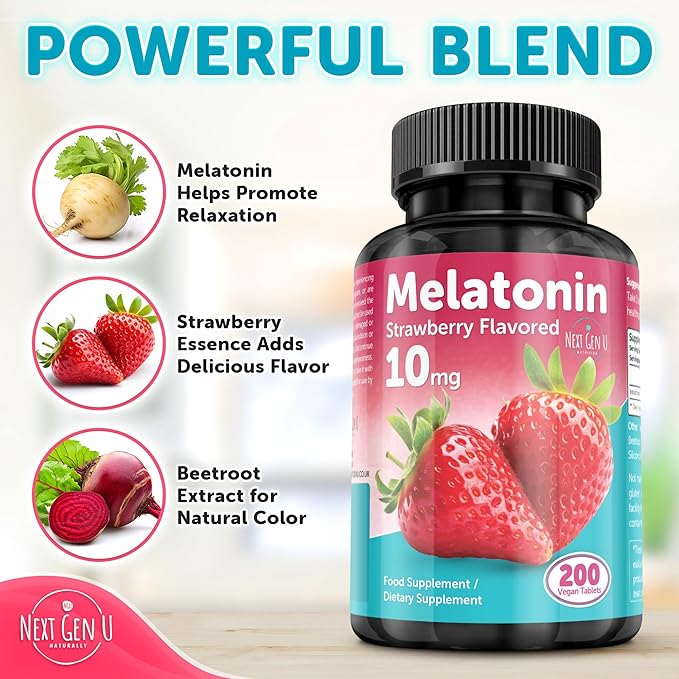 Melatonin Tablets - 10 mg Dietary Supplement - Strawberry Flavored - 200 Vegan Tablets - by NextGenU