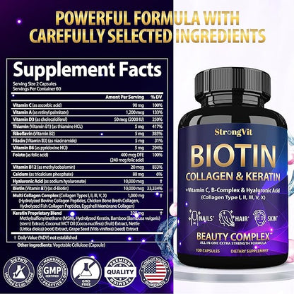 Biotin with Hyaluronic Acid, Keratin and Collagen Supplements - 10000mcg for Hair Growth Women and Men - Hair Skin and Nails Vitamins - 120 Capsules