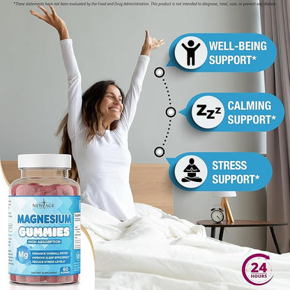 Magnesium Gummies - Calming Anti-Stress Gummies, Magnesium Supplement for Adults and Kids, Vegan, Gelatin-Free, Gluten-Free, Non-GMO, Delicious Natural Raspberry Flavor- 180 Count - by New Age