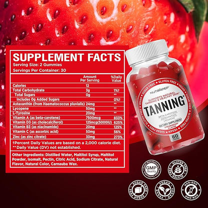 NutraPep Tanning Gummies for Women - Self Tan Bronzing Supplement that Work Without Sun - No Sugar Vegan with Astaxanthin Lycopene Beta Carotene Vitamins - Glow Up Skin Health Daily Oral Tanning Chews