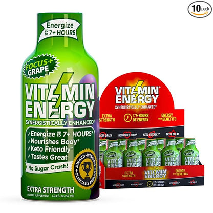 Vitamin Energy Focus+ Extra Strength Energy Shot Grape 10 Pack, 260mg Natural Caffeine, B-Vitamins, CoQ10, Amino Acids, Focus, Productivity & Clarity, Zero Sugar, Gluten-Free, 1.93 fl oz