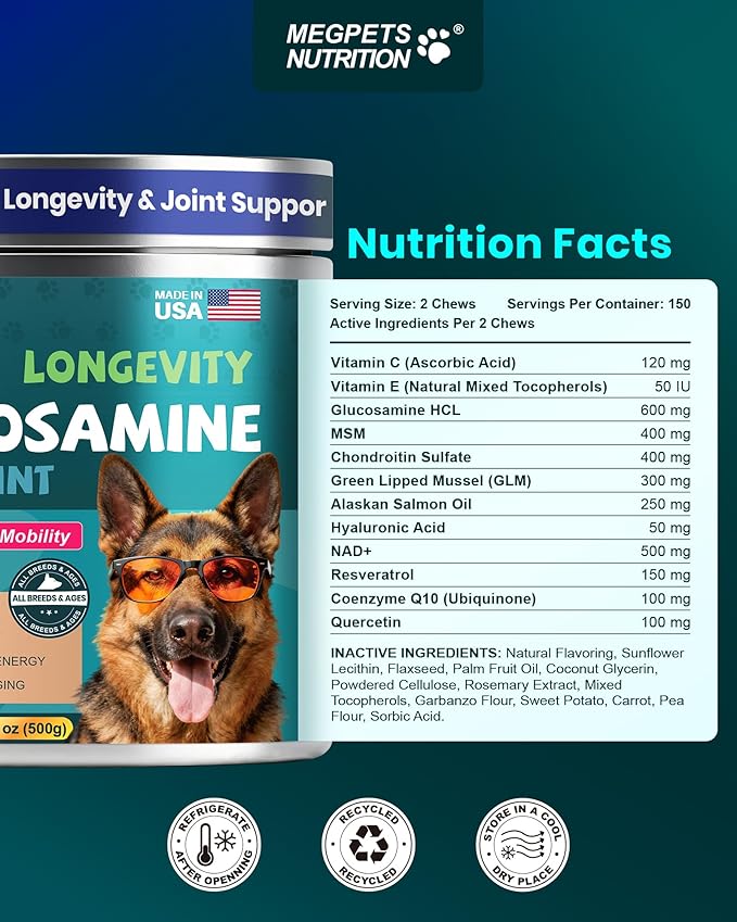 NAD+ Glucosamine for Dogs Hip and Joint Supplement - 300 Soft Chews - Advanced Mobility Support with MSM, Chondroitin, Resveratrol & CoQ10 - Healthy Aging & Vitality