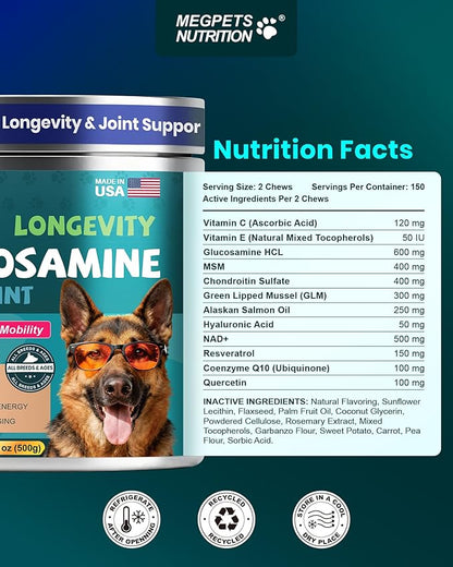 NAD+ Glucosamine for Dogs Hip and Joint Supplement - 300 Soft Chews - Advanced Mobility Support with MSM, Chondroitin, Resveratrol & CoQ10 - Healthy Aging & Vitality