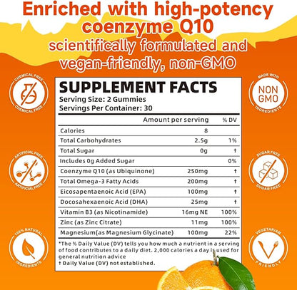 CoQ10 Gummies 250mg, Plus Omega-3, Vitamin B3 & Zinc, Magnesium - High Absorption Coenzyme Q10 Supplements for Heart Health, Cellular Energy, & Antioxidant Support, 60 Count