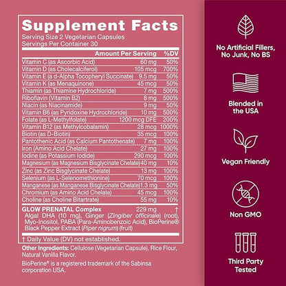Eu Natural Glow Prenatal Vitamins for Women - 20-in-1 Prenatal Multivitamin with Folate & Vegan DHA - Supports Healthy Pregnancy, Fetal Development & Mom’s Comfort - 120 Vegetarian Capsules