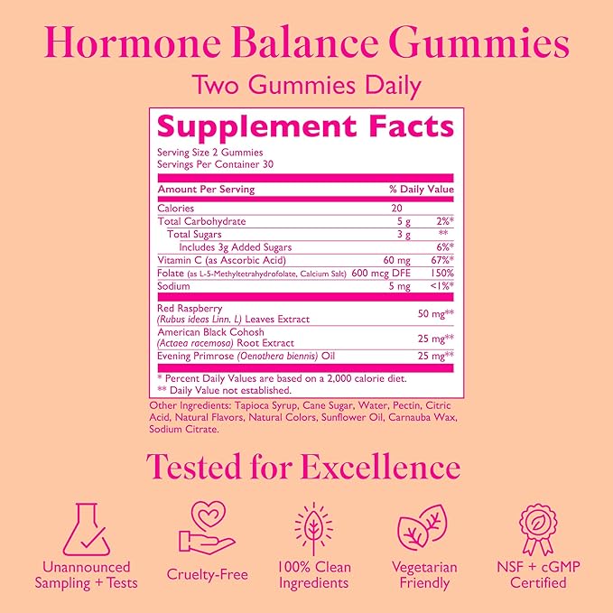 Amy Suzanne Hormone Balance Gummies for Women - Hormone Harmony for Mood, Energy, Bloating - Hormonal PMS, Perimenopause & Menopause Support - Red Raspberry Leaf & Black Cohosh - 60 Gummy Supplements