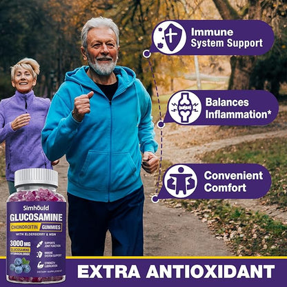 Simhould Glucosamine Chondroitin Gummies - 3000MG Extra Strength Joint Support Supplement with MSM & Elderberry, Flexibility, Antioxidant Immune Support Gummy for Adults, Men & Women