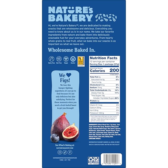 Nature's Bakery Whole Wheat Fig Bars,Blueberry,Real Fruit,Vegan,Non-GMO,Snack bar,Twin packs-,12 Count (Pack of 2)