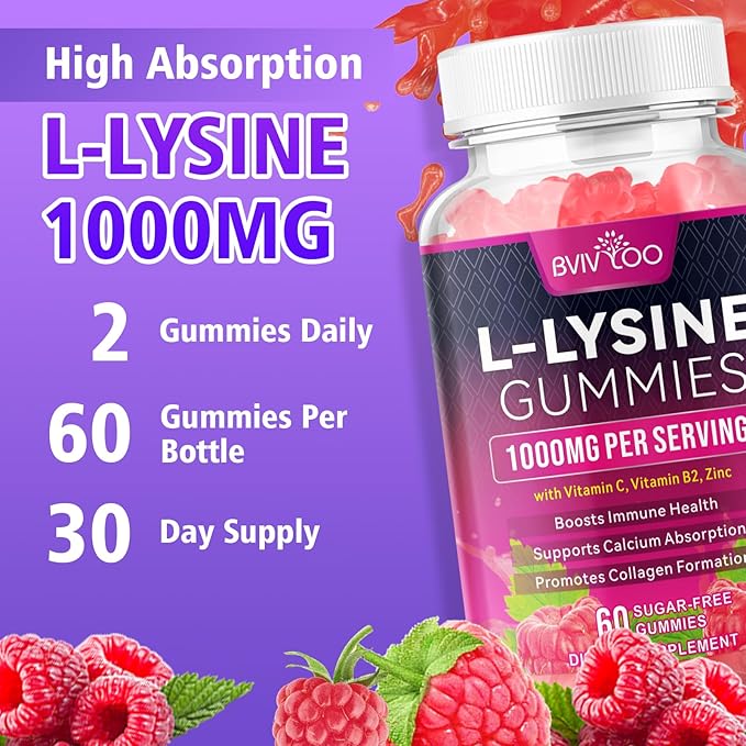 L-Lysine 1000mg Gummies for Immune Support & Skin Health - High Potency Vegan, Sugar-Free, Gluten-Free Supplement with Natural Raspberry Flavor for Adults & Kids - 60 Gummies