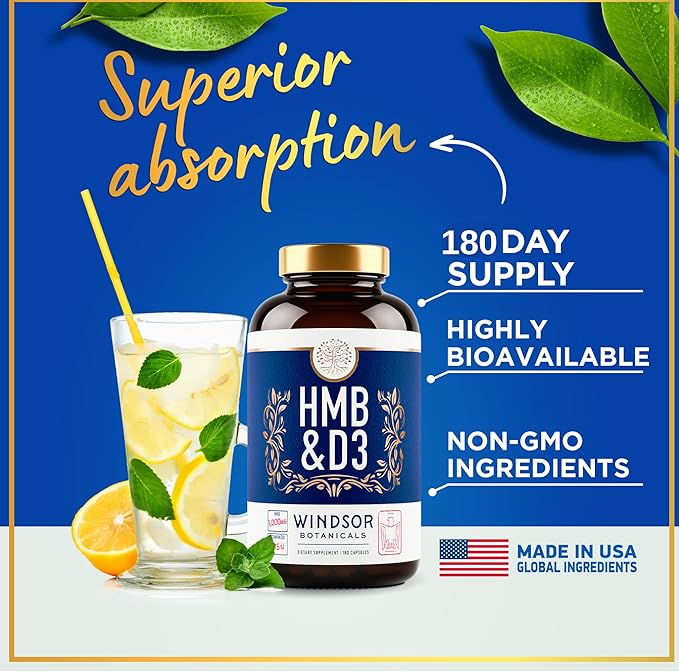 HMB and Vitamin D3 Supplement - Muscle Growth, Strength, Performance and Recovery Support - B-Hydroxy B-Methylbutyrate, D3 Plus Calcium, 1,000 MG HMB Supplements - 180 Days, 360 Capsules