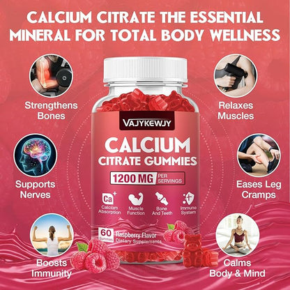 Calcium Citrate Gummies 1200mg for Adults & Kids - Bone & Teeth Support, Easy Absorption, Delicious Raspberry Flavor - Non-GMO, Gluten Free, Vegan - 120 Count