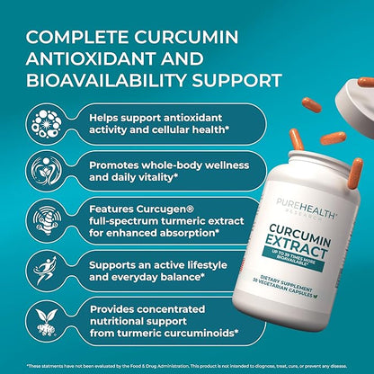 PUREHEALTH RESEARCH Curcumin Extract - High Absorption Turmeric Supplement for Immune, Joint & Muscle Support - for Heart & Brain Health - Powered by Curcugen x39 Bioavailable - 30 Capsules