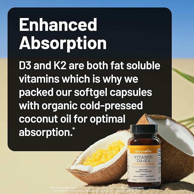 NatureWise Vitamin D3 5000IU + K2 (MK7) 100mcg with Organic Extra Virgin Coconut Oil - Supports Calcium Absorption, Bone & Immune Health - Non-GMO, Soy & Gluten-Free - 90 Softgels[90-Day Supply]