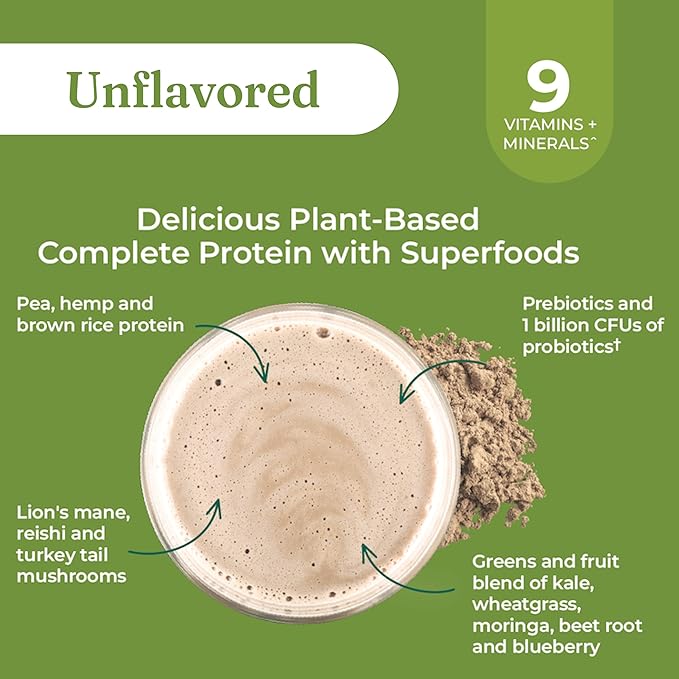 Four Sigmatic Organic Plant-Based Protein Powder | Clean Vegan Protein Elevated with Lion’s Mane, Chaga, Cordyceps and More for Brain Function and Immune Support | Unflavored, 16.9 oz