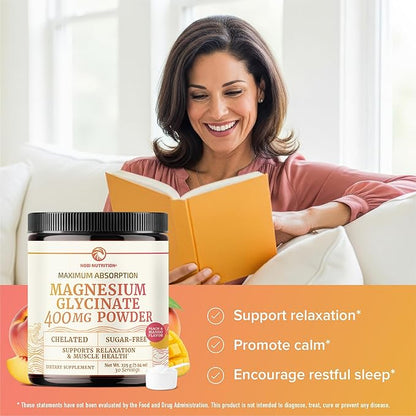 Magnesium Glycinate Powder 400MG | Sleep & Relaxation Support | Peach Mango Flavor, Sugar-Free | High Absorption Chelated Magnesium Powder | Vegan, Gluten-Free, Non-GMO | 30 Servings | 225g (7.94oz)