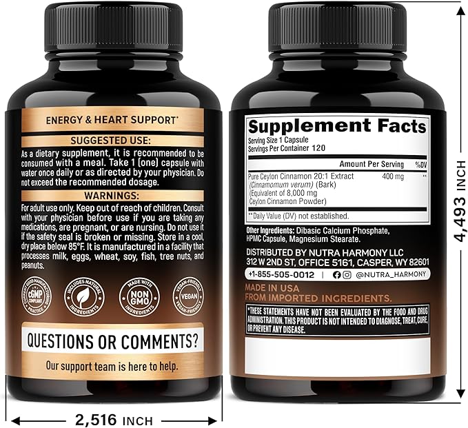 Ceylon Cinnamon Capsules - Extra Strength - Energy, Heart & Metabolism Support - for Men & Women - Pure Natural Extract 20:1 Supplement - Made in USA - GMO & Gluten Free, 120 Capsules, 4 Month Supply