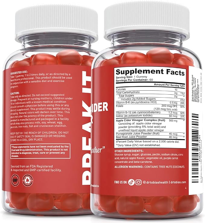 Dr. Tobias Apple Cider Vinegar Gummies with The Mother - 500mg ACV Per Serving, Plus Folate, B6, B12 & Iodine | Supports Digestive Health Gut Cleanse & Detox - Vegan (60 Gummies)