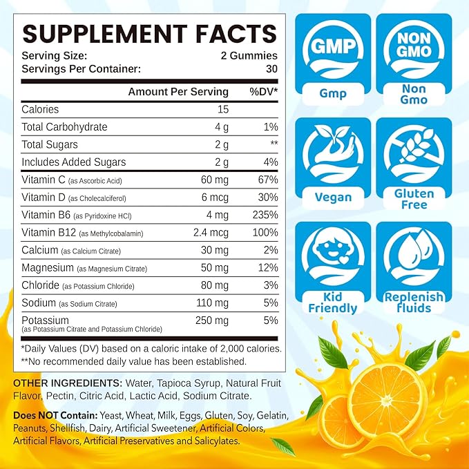Electrolyte Gummies for Hydration, Hydration Gummies for Kids & Seniors Adults, with Potassium, Magnesium, Calcium, Sodium, Chloride for Runners and Endurance Sports, Orange Flavor, Vegan, 60 Chews