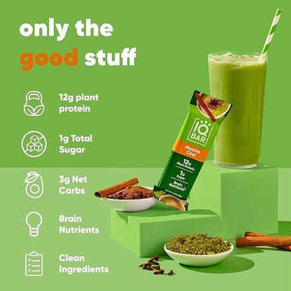 IQBAR Clean Plant Protein Bars - Matcha Chai - 12 Count - Keto, Vegan, High Fiber, Gluten and Dairy Free, Low Sugar Snack - Brain and Body Nutrients for Focus, Energy, Meal Replacement