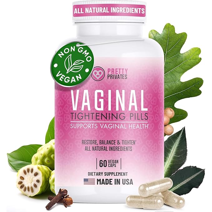 Pretty Privates Vaginal Tightening Pills for Women - Natural Intimate Health Supplement with Kacip Fatimah Manjakani & Noni Fruit - Elasticity Moisture & Wetness Support - 60 Capsules 1 Month Supply