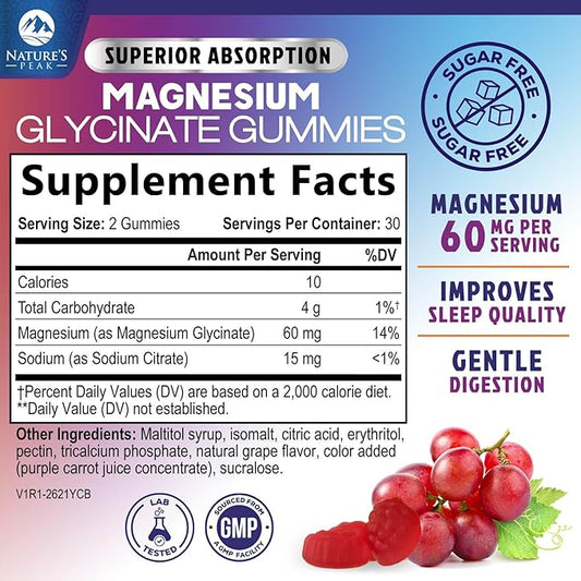 Magnesium Glycinate Gummies - Sugar Free - 100% Chelated Magnesium Gummy Supplement for Max Absorption - for Sleep Support & Heart, Muscle & Bone Health - Gentle on Stomach, Grape Flavor - 60 Gummies
