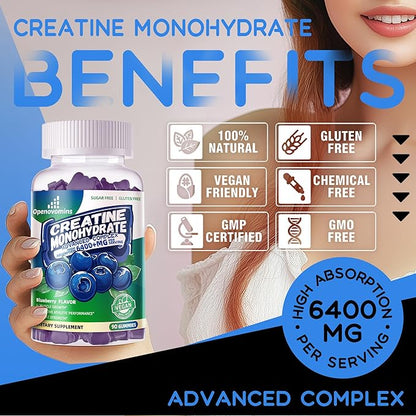 Creatine Monohydrate Gummies Complex for Men & Women -Advanced Formula W/L-Taurine + Vitamin B12, Sugar Free Chewable Supplement,180 Blueberry Gummies 2pack
