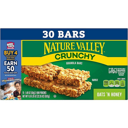 Nature Valley Crunchy Granola Bars, Oats 'n Honey, 30 Ct, 22.35 oz (15 Pouches)