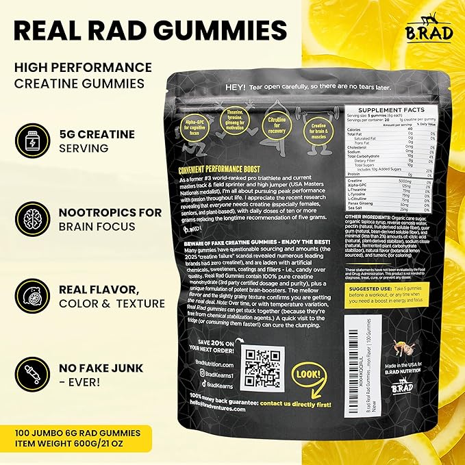 B.rad Real Rad Creatine Gummies | 5g Creatine Monohydrate Per Serving | with Alpha GPC, L-Theanine, L-Tyrosine, L-Citrulline & Panax Ginseng | Natural Lemon Flavor | 100 XL Gummies