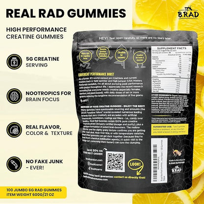 B.rad Real Rad Creatine Gummies | 5g Creatine Monohydrate Per Serving | with Alpha GPC, L-Theanine, L-Tyrosine, L-Citrulline & Panax Ginseng | Natural Lemon Flavor | 100 XL Gummies