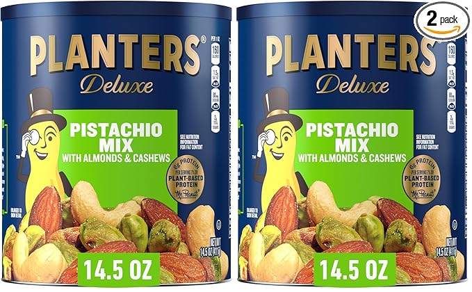 PLANTERS Deluxe Pistachio Mix, Party Snacks, Plant-Based Protein, 14.5 Oz Canister (Pack of 2)