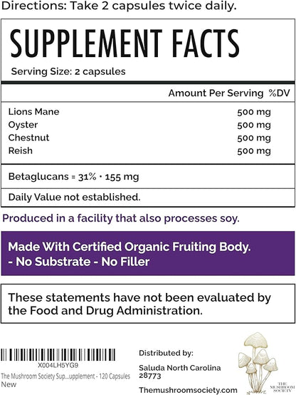 Super Stacker - 4-in-1 Mushroom Supplement Wellness Blend - Lion’s Mane, Oyster, Chestnut & Reishi - Immune, Focus & Daily Vitality - 120 Vegan Capsules