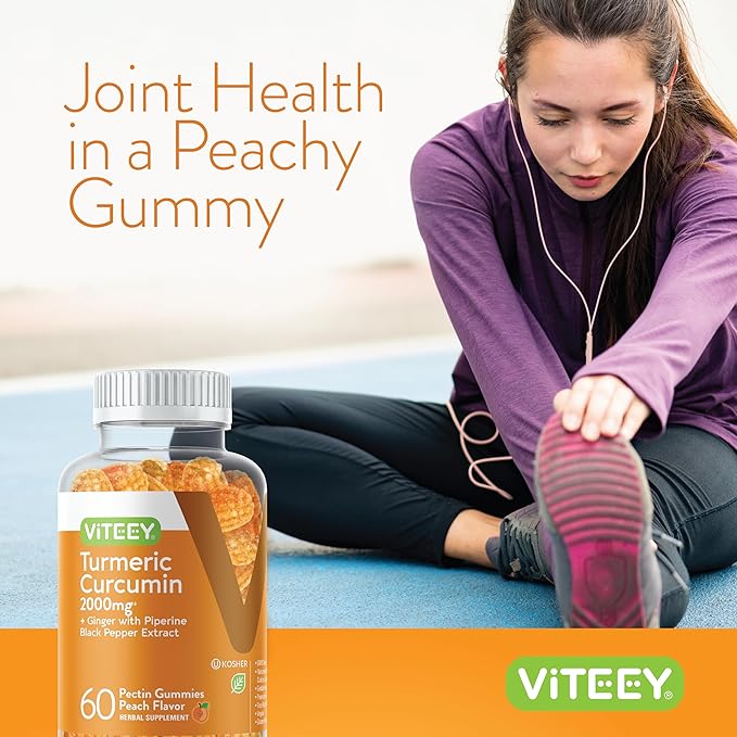 Viteey Turmeric Gummies with Turmeric Curcumin, Ginger & Black Pepper Extract - Immune Support, Healthy Skin, and Joint Health - Vegan, Gelatin Free, GMO Free - Tasty Chewable Peach Flavored-60 Count