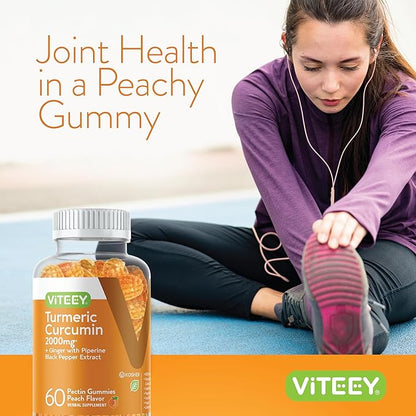 Viteey Turmeric Gummies with Turmeric Curcumin, Ginger & Black Pepper Extract - Immune Support, Healthy Skin, and Joint Health - Vegan, Gelatin Free, GMO Free - Tasty Chewable Peach Flavored-120 Count