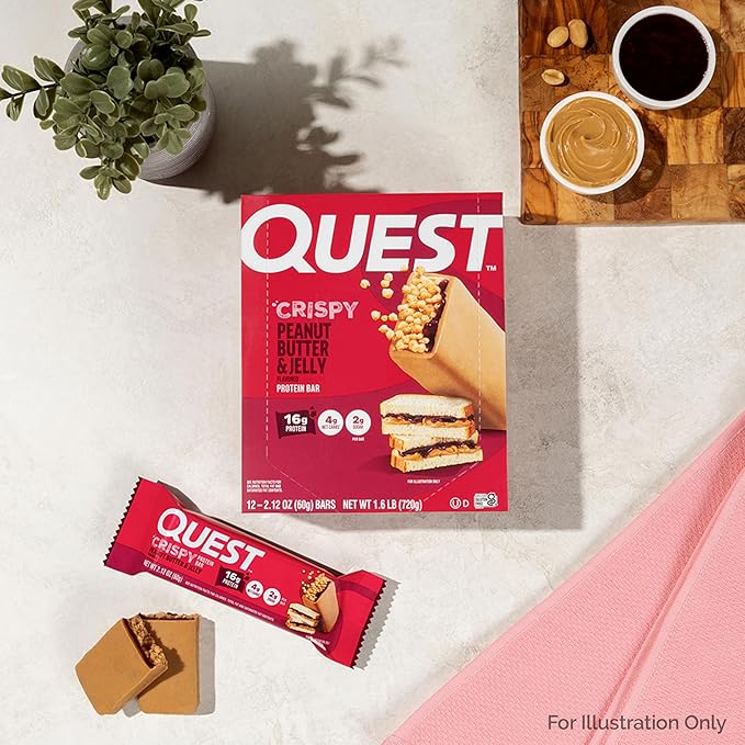 Quest Nutrition Crispy Peanut Butter & Jelly 16g Protein Bar, 2g Sugar, 4g Net Carbs, Gluten Free Snack, Keto Friendly, 12 Count