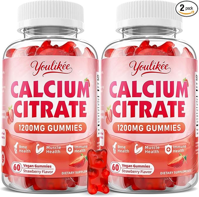 2 Pack Calcium Citrate Gummies 1200 mg, Calcium Supplement for Women & Men, Ultimate Absorption Calcium Gummies for Bone, Muscle & Immune Support, Strawberry Flavor, 120 Count