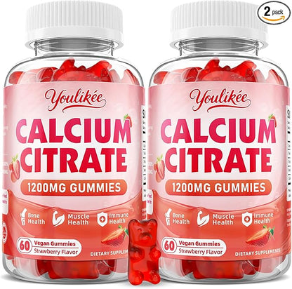 2 Pack Calcium Citrate Gummies 1200 mg, Calcium Supplement for Women & Men, Ultimate Absorption Calcium Gummies for Bone, Muscle & Immune Support, Strawberry Flavor, 120 Count