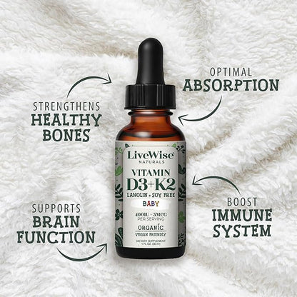 Live Wise Naturals Vitamin D3 K2 Drops for Babies - Concentrated Formulation, 225 Servings at 400 IU, 5 MCG (MK-7), Micro-Dose Dropper, Gentle Daily Supplementation, Early Development & Precise Dosing