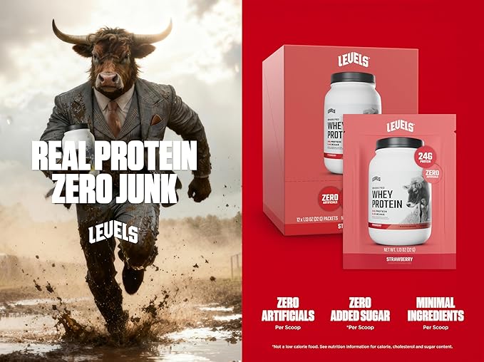 Levels Grass Fed Whey Protein Powder, No Artificials, 24G of Protein, Strawberry, 12 Count