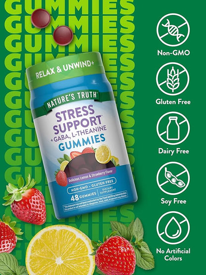 Nature's Truth Stress Relief Gummies for Adults | with Gaba, L Theanine, and Lemon Balm | Lemon Strawberry Flavor | Non-GMO & Gluten Free Supplement