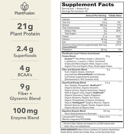 PlantFusion Complete Lean Plant Based Protein Powder - Prebiotic Fiber, Superfoods & Digestive Enzymes - Vegan, Gluten Free, Soy Free, Non-GMO - Vanilla 1.85 lb