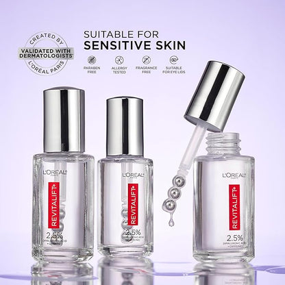 L'Oreal Paris Revitalift Hyaluronic Acid + Caffeine Hydrating Eye Serum for Dark Circles, Fragrance Free .67 fl. oz + Moisturizer Sample