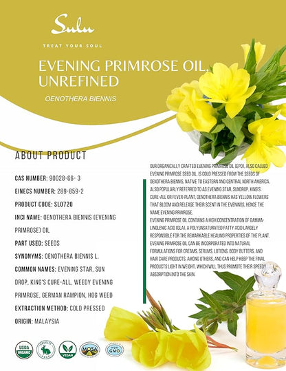 SULU ORGANICS 4 LBS 100% Pure Unrefined Cold Pressed Virgin Evening Primrose Oil 12% GLA