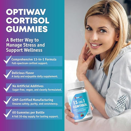 Cortisol Reducer Gummies for Women Men - 13-in-1 Daily Cortisol Detox Manager Supports Stress Mood Balance Focus & Health Balance - Reduce High Cortisol with Ashwagandha Magnesium L-Theanine