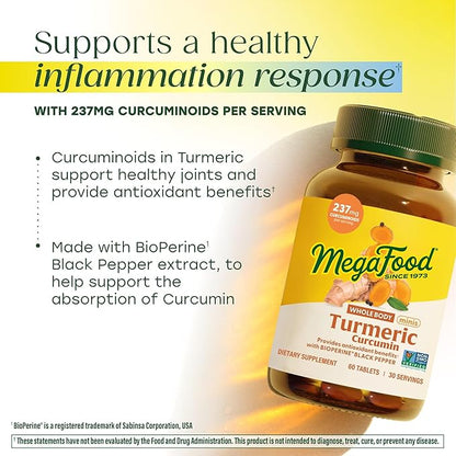 MegaFood Whole Body Minis Turmeric Curcumin Supplement - Turmeric Supplement With Black Pepper - 237 mg Curcuminoids Per Serving - Antioxidant & Immune Support - Vegan - 60 Mini Tablets, 30 Servings