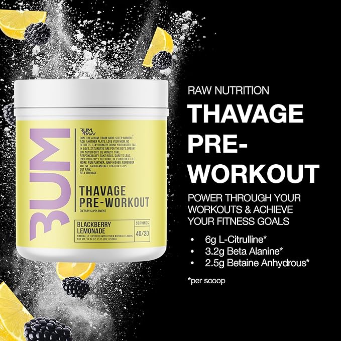 RAW Preworkout Powder, Thavage - Chris Bumstead Sports Nutrition Supplement for Men & Women - Cbum Pre Workout for Working Out, Hydration, Mental Focus & Energy - 40 Servings