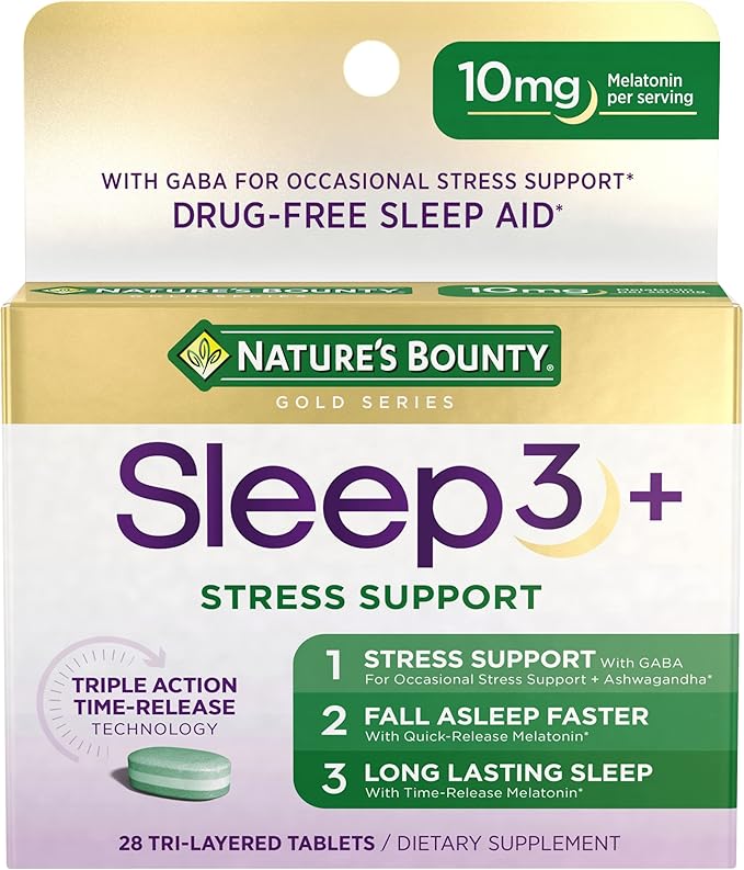 Nature's Bounty Sleep + Stress Support, Sleep3 Maximum Strength 100% Drug Free Sleep Aid, Dietary Supplement with Ashwagandha, Time Release Technology, 10mg, 28 Tri-Layered Tablets
