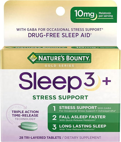 Nature's Bounty Sleep + Stress Support, Sleep3 Maximum Strength 100% Drug Free Sleep Aid, Dietary Supplement with Ashwagandha, Time Release Technology, 10mg, 28 Tri-Layered Tablets