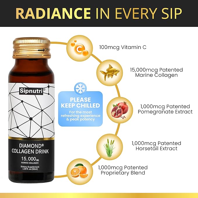 Diamond Liquid Collagen Drink for Women & Men, 15000 mg Hydrolyzed Marine Collagen Peptides with Vitamin C, Pomegranate, Hair Skin Nails Joints Bones Support, 50 ml x 30 Bottles