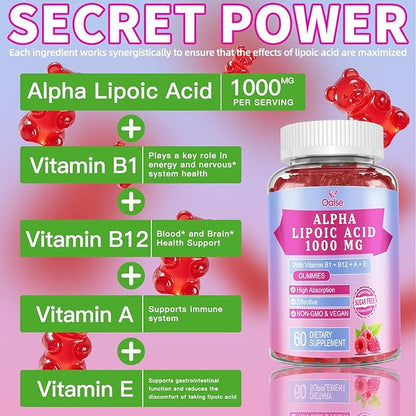 Alpha Lipoic Acid Gummies 1000Mg with Vitamin B1, B12, A, E - High Absorption Sugar Free Chewable ALA Supplement for Energy and Nerve* Support,Raspberry Flavor, 60 Gummies