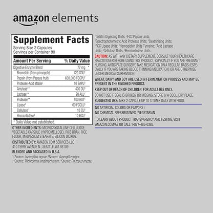 Amazon Elements Digestive Enzyme Complex, Vegetarian, Supports Healthy Digestion, 180 Capsules (Previously Revly)